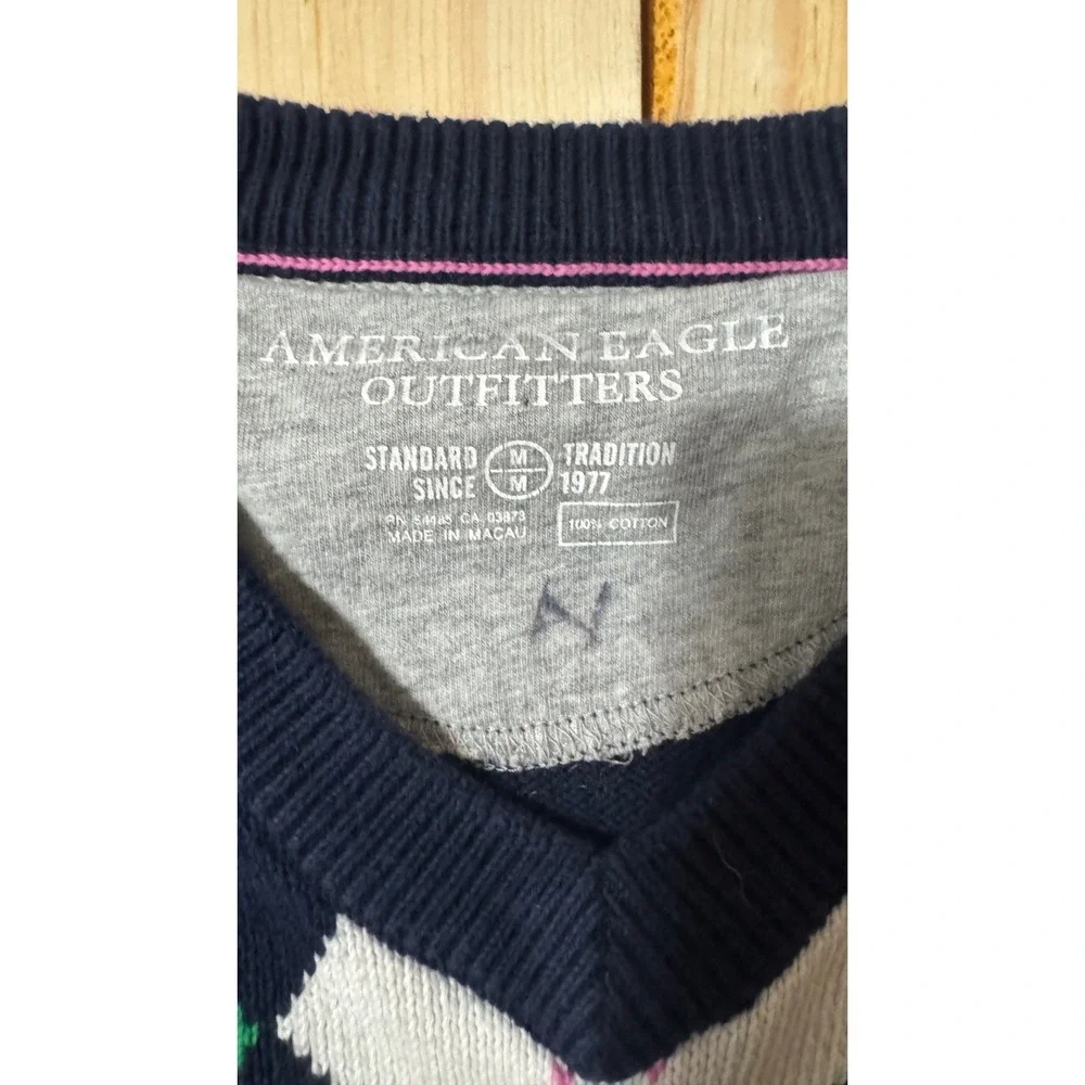 American‎ Eagle Outfitters Navy Blue Argyle V-Neck Cotton Sweater Womens Medium